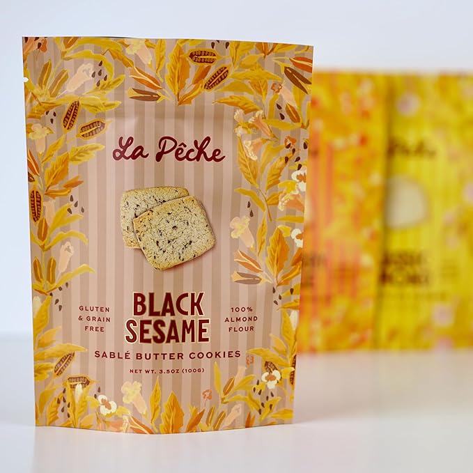 La Pêche Sable Butter Cookies Gluten Free, Grain Free, Non-GMO, Kosher - Small Batch - Resealable Pouch - 8 Cookies (3.5oz) (Black Sesame)
