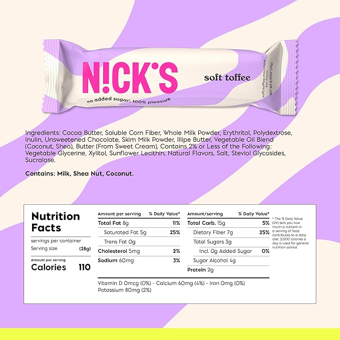 NICKS Soft Toffee Chocolate Candy Bar with Caramel Sauce Without Added Sugar,110 Calories, 3.5 Net Carbs, Gluten Free, Low Carb Candy – 15-Pack (28g Each)