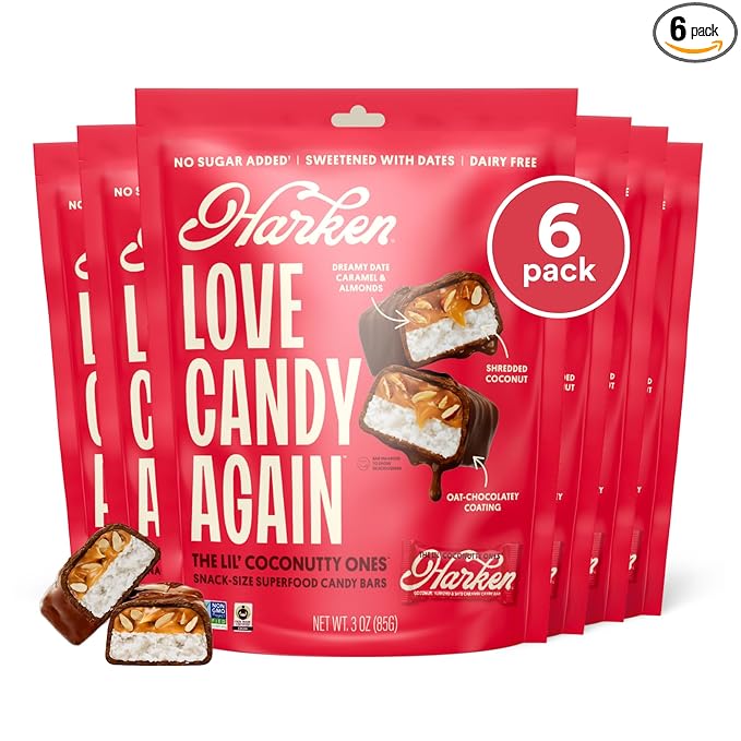 Harken Sweets The Lil’ Coconutty Ones, Mini Oat Milk Chocolate Candy Bars with Coconut, Sweetened with Dates, No Sugar Added, High Fiber Snack, Gluten-Free, Plant-Based, 6 Pouches (30 Bars)
