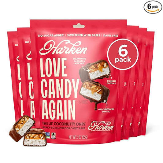 Harken Sweets The Lil’ Coconutty Ones, Mini Oat Milk Chocolate Candy Bars with Coconut, Sweetened with Dates, No Sugar Added, High Fiber Snack, Gluten-Free, Plant-Based, 6 Pouches (30 Bars)
