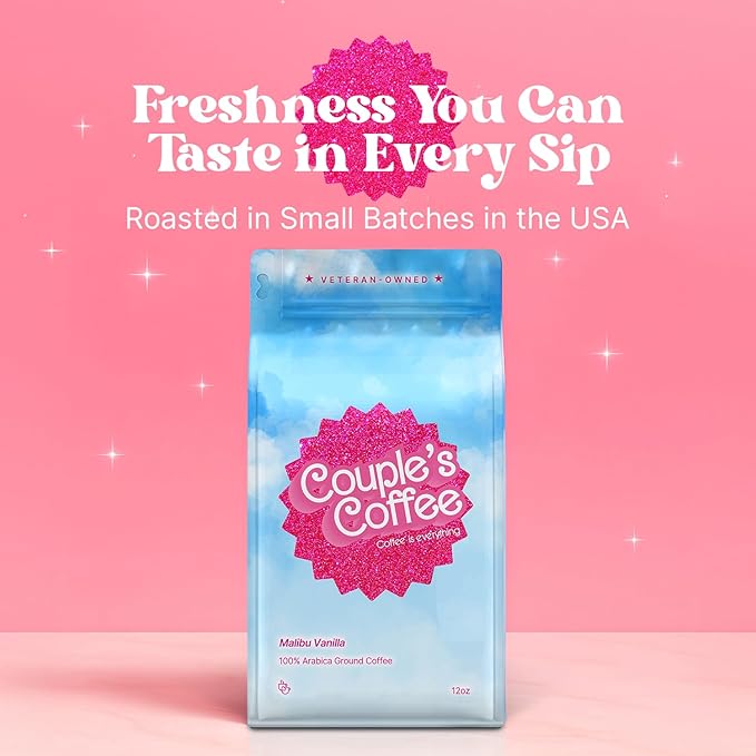 Couple's Coffee Vanilla Grounds | Malibu Vanilla Flavored Coffee | Pink Gifts for Women | Gives Back to Military Families | Medium Roast Made with 100% Arabica Beans | 12oz