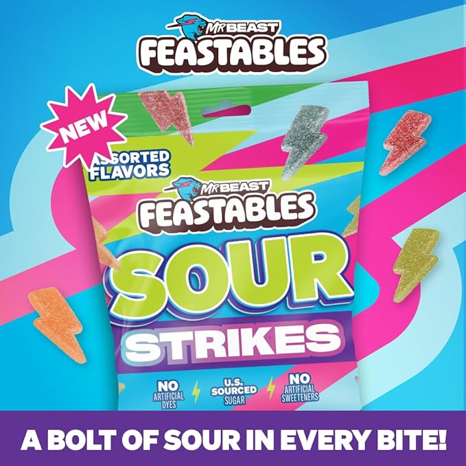 Feastables Mrbeast Strikes Sour Candy, Mixed Gummies With Watermelon, Green Apple, Strawberry, and Raspberry Flavors, Candy for Adults & Kids as Snacks or Dessert, Made With Fairtrade Sugar, 12CT