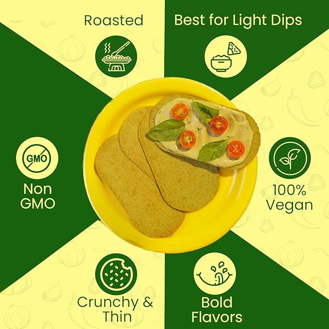 Disc-O Thins Whole Wheat Crackers - Crunchy Roasted Snack, High-Fiber & Low-Fat On-the-go Snack Chips, 96pcs (Cilantro Mint Chutney) - Vegan Healthy Travel Snack, Non-GMO - Great with Spicy Dips, Salsa or Beer