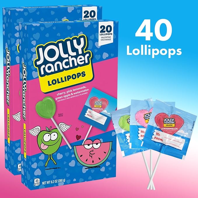 Heart Shaped Joly Ranchers Lollipops Assorted Fruity Flavors - Individually Wrapped JollyRanchar Lollipops Suckers Bulk in Sealed Bags for Friends, Kids, Party Favors (40 Count)
