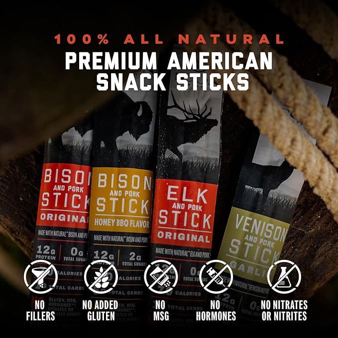 ICON Meats Snack Sticks Sampler, 24 Pack High Protein Snacks, Assorted Bison, Elk, Venison & Pork Individually Wrapped Meat Sticks 6 Per Flavor, Gluten Free, Low Sugar, Gifts or Stocking Stuffers