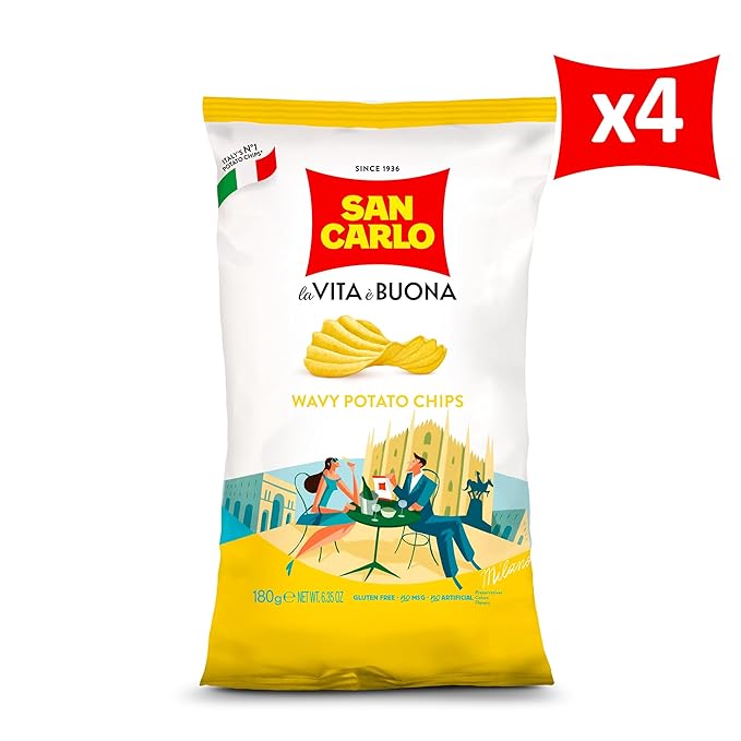 San Carlo Multi Pack 4X Wavy n°1 Italian Potato Chips - 180gr - for Snacking Bliss