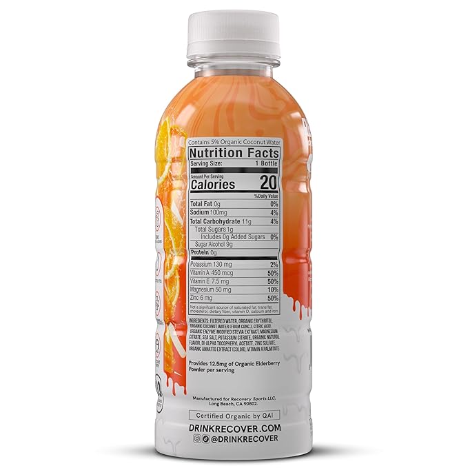 RECOVER 180 Organic Sports Hydration Drink, No Sugar Added, 20 Calorie Sports Beverage, Organic Flavors With Vitamins, Potassium-Packed Electrolytes (16.9 Fl Oz (Pack of 12), Orange Cream)