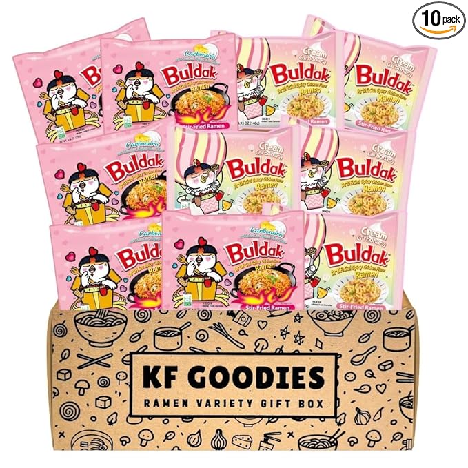 KF GOODIES Korean Ramen Variety Pack Gift Box (10 Count) – Spicy Buldak Noodle Assortment for Birthdays, College Care Packages, Office Snacks, and Gift Baskets