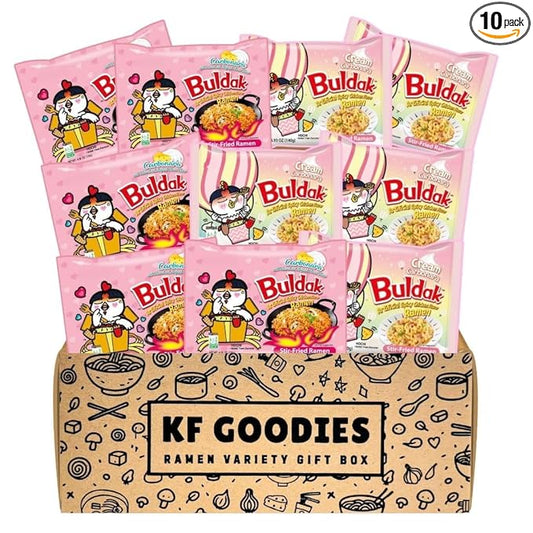 KF GOODIES Korean Ramen Variety Pack Gift Box (10 Count) – Spicy Buldak Noodle Assortment for Birthdays, College Care Packages, Office Snacks, and Gift Baskets