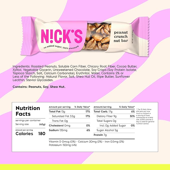 NICKS Keto Nut Bar Peanut Chocolate Snack Bar, Low Carb Snacking for Sports, Hiking, Gaming, Outdoor Activities, 1G sugar, 3G net carbs, healthy snack (pack of 30) 40.0 grams
