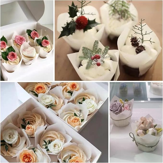 MyBakning Large size White+Brown Tulip Baking Cups 2-1/4"(Base diameter) x 4"(Wall height) Greaseproof paper baking cupcake Muffin liners, Case of 130 pcs