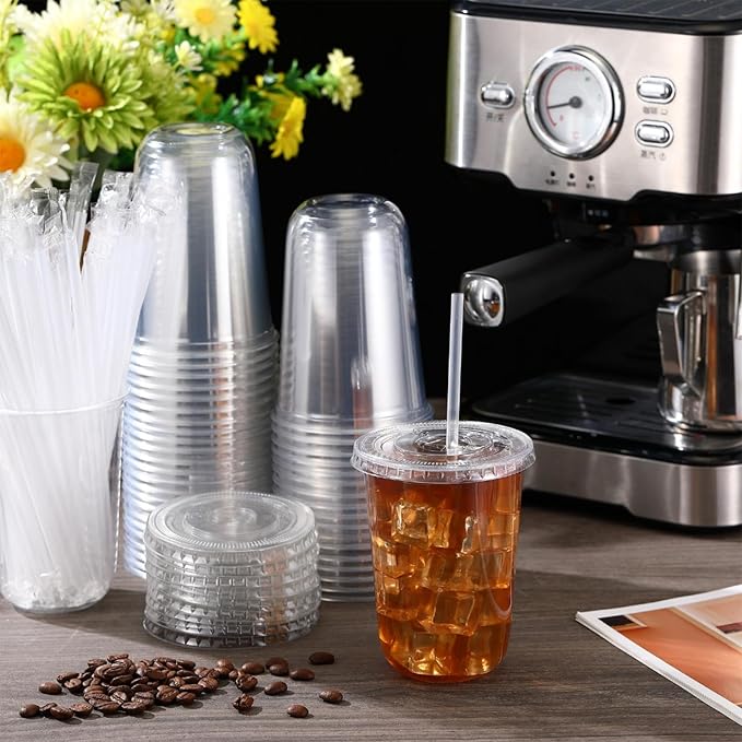 Ziliny 50 Sets Clear Plastic Cups with Lids and Straws, Disposable Iced Coffee Cups Drinking PET for Cold Drinks, Juice, Smoothie, Coffee Shops, Party, Christmas(Clear,16 oz)