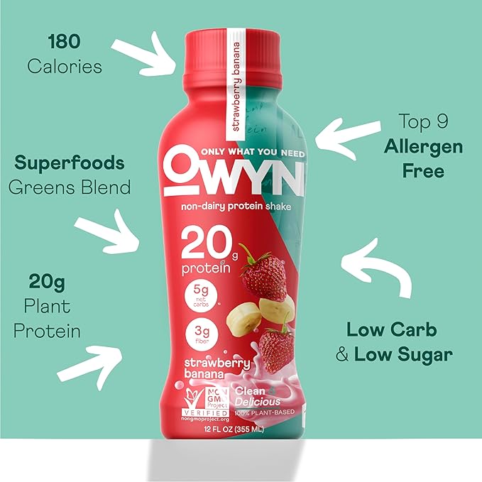 OWYN Only What You Need Strawberry Banana Flavored Protein Shake Liquid, 20g Protein, 4g Sugar, 3g Fiber, Dairy-Free, Plant-Based Protein Drink, 12 Count