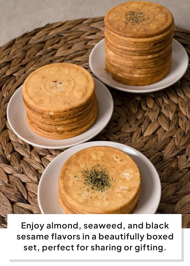 Korean Food Shinwhadang Korean Rice Wafer Cookie Gift Set (1.2 oz * 18 Packs) – Almond & Black Sesame & Green Laver (Seaweed) Flavors, Oven-Baked Crispy Rice Crackers (Total 21.6oz)