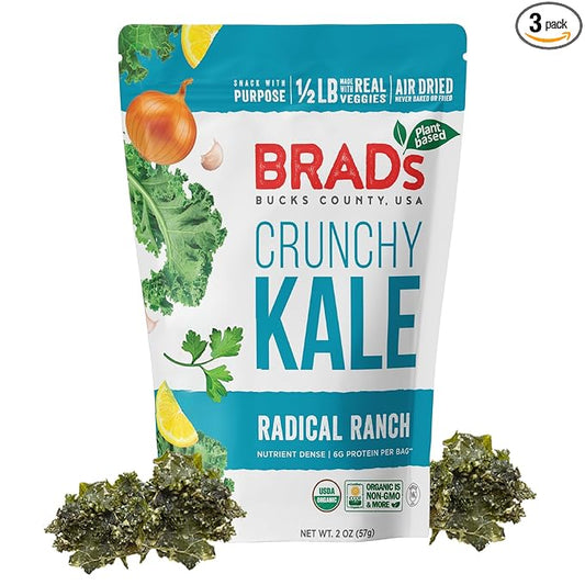 Brad’s Plant-Based - Organic Crunchy Kale Chips - Healthy Snack with Sea Salt - High in Plant-Based Protein & Fiber - Low Carb, Organic Veggie Chips - Radical Ranch - 2 Oz (Pack of 3)