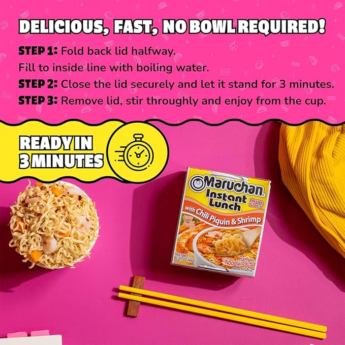 Maruchan Instant Lunch Ramen Noodles, Chili Piquin & Shrimp – Japanese-Style Instant Noodle Soup, Easy Meal Ready in 3 minutes – 2.25 Oz Cup, Pack of 12