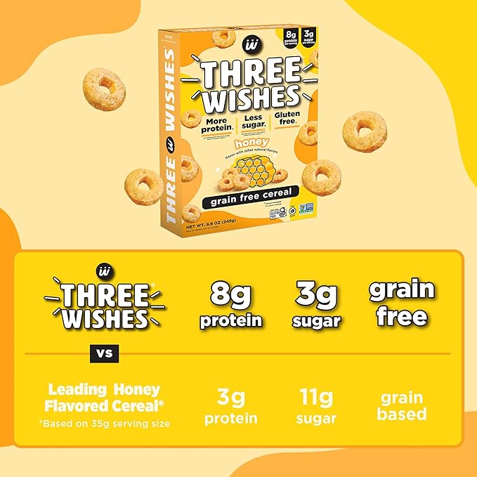 Three Wishes Grain-Free & Protein Cereal - Healthy, Low Sugar & Gluten-Free Breakfast Cereal - Low Carb, Plant-Based, Vegan & Non-GMO - Honey, 6-Pack