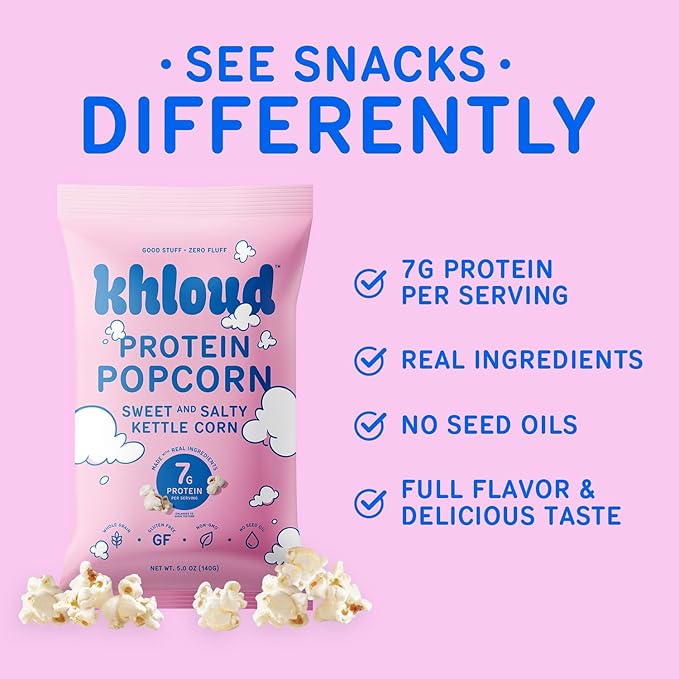 Khloud Protein Popcorn - Sweet & Salty Kettle Corn - 7g Protein Snacks for Adults & Kids - Flavored Popcorn Made with Real Ingredients & Milk Protein Isolate - Non-GMO, Gluten-Free, Kosher - 5oz, 4pk