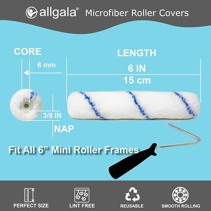 Allgala Mini Paint Roller 6" Mini 3/8" Nap Shedless Microfiber Roller Cover for Door Trim Furniture Cabinets - 6 Pack