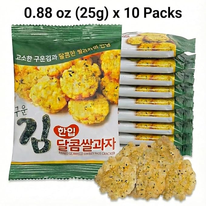Baked Seaweed Sweet Rice Crackers, Korean Rice Snack with Roasted, Individually Wrapped, Light & Crunchy Snack (Seaweed Mini Bites (0.88 oz) - 10 Packs)