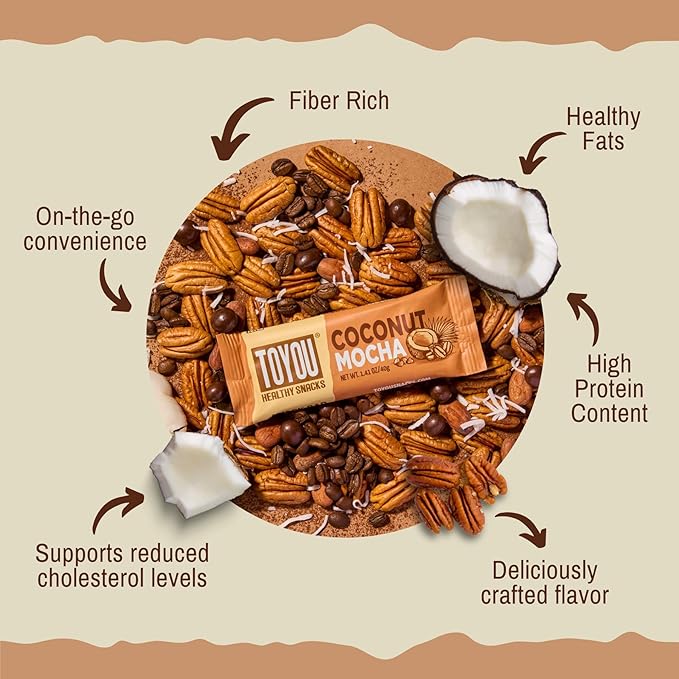 ToYou Gluten Free Chewy Fruit and Nut Bars - Healthy Protein Snacks | Coconut Mocha - 1.41 Ounce (Pack of 12) | Soft Chewy, Vegan, Fiber-Packed Granola Bars for Adults and Kids, Made with Natural Ingredients