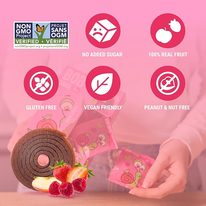 Bob Snail Fruit Roll Ups – 50 Natural Fruit Snacks (Strawberry & Raspberry), Vegan, No Added Sugar, Healthy On-the-Go Pack, 500g