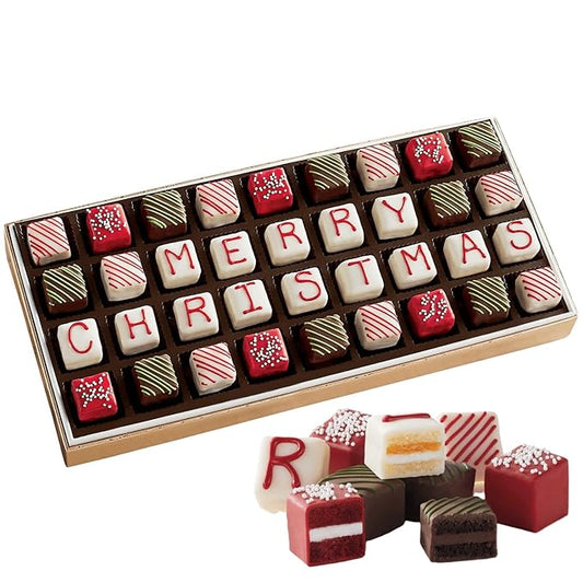 The Swiss Colony Merry Christmas Petits Fours Cakes, Gourmet Mini Layer Cakes in Red Velvet, Strawberry, Chocolate, and Vanilla, Holiday Dessert Cake Assortment