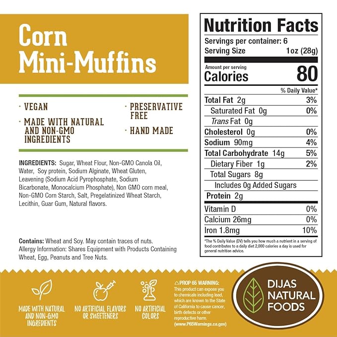 DIJAS Natural Foods Plant-Based 36-Vegan Mini Muffins ONLY $0.97-oz! Natural and Preservative Free Ingredients, Delicious Snack and Breakfast (36 Muffins) (Corn)