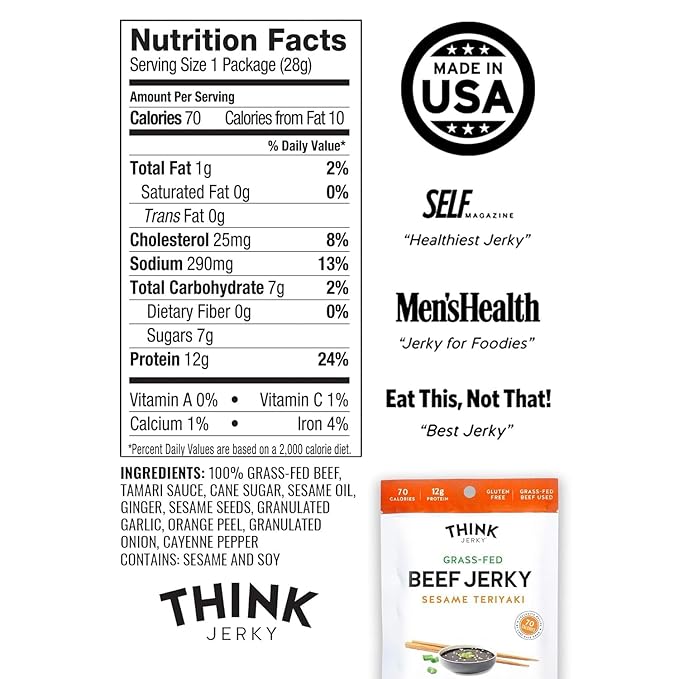 Think Jerky Sesame Teriyaki Beef Jerky, Grass-Fed High Protein Beef, Gluten Free, No Antibiotics or Nitrates, Healthy Chef Crafted Recipe, Low Calorie and Low Fat - 1.0 oz Bags, 8 Pack