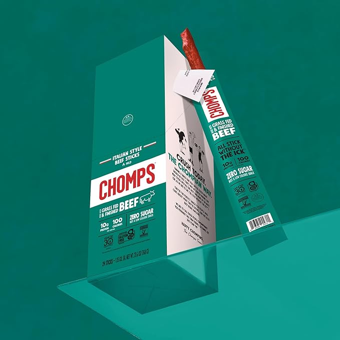 CHOMPS Grass Fed Beef Jerky Meat Snack Sticks, AIP Diet Compliant, Keto, Paleo, Whole30 Approved, Low Carb, Gluten Free, Sugar Free, Non-GMO, 90 Calories 1.15 Oz Stick, Italian Beef 10 Pack