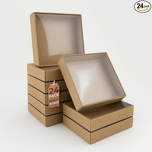 Diakarma Gift Boxes with Clear Cover, Bakery Treat Boxes for Small Cakes, Cookies, Desserts, Donuts, Pastries, Gifts, and Party Favors – Durable & Elegant (24 Pieces Brown Kraft, 6"x6"x1.2")