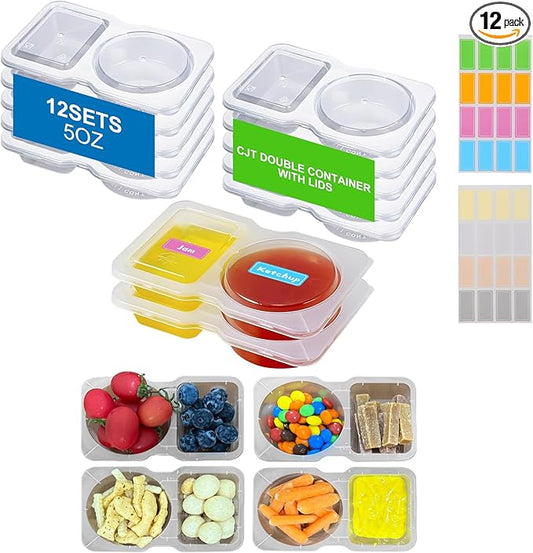 CJT 12 Sets Reusable Compartment Condiment Container with Lids - Disposable Double Small Plastic Snack Containers for Sauces, Meal Prep, Salad Dressing