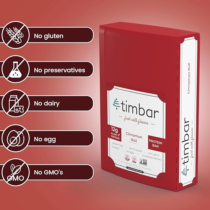 timbar Protein 4 Bars Pack | 12g Protein & 9g Fiber Plant Based- Energy & Nut Bars | Gluten Free, Non-GMO, Dairy Free, Healthy On-the-Go Snack & Meal Replacement (4 Packs, Cinnamon Roll)