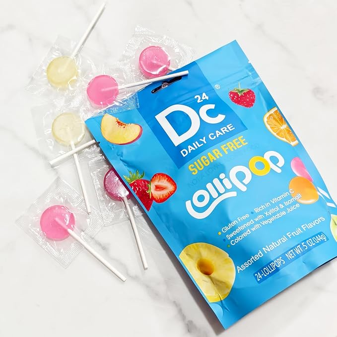 DC24 DAILY CARE Lollipops, Sugar free Suckers, Rich in Vitamin C Pops, Anti Cavity, Natural Fruit Assorted Flavors 24 Lollipops for Kids, Allergy Friendly, Gluten Free, Non-GMO, 5 OZ