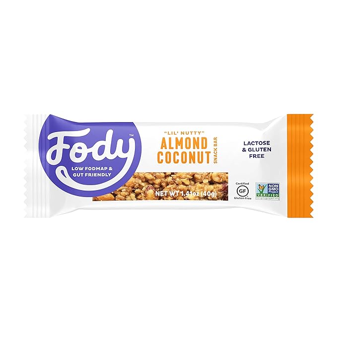 Fody Foods Snack Bars, Almond Coconut, 1.41 Oz (Pack of 12), 6g Protein, Low FODMAP, Gut & IBS Friendly, Vegan, Lactose Free, Non-GMO, Gluten Free