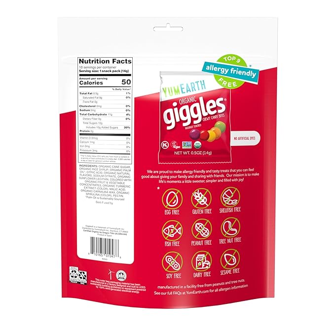 YumEarth Organic Giggles Chewy Candy – Allergy Friendly, No Artificial Dyes, Non GMO, Gluten Free, Fruit Flavored, Vegan Candy Snacks 0.5 oz (Pack of 120)