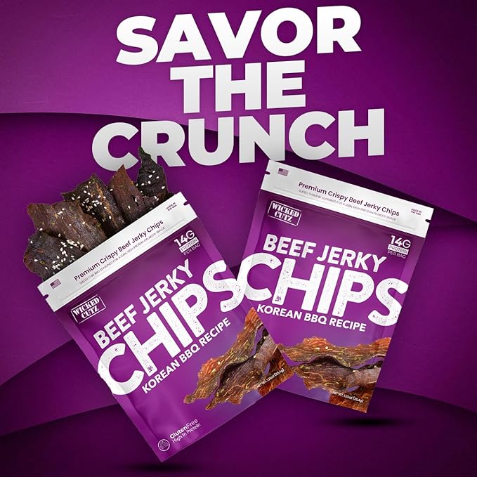 Wicked Cutz Korean BBQ Beef Jerky Chips, 14g Protein per Bag, Crispy & Crunchy Beef Jerky Crisps, USA Made Barbeque Flavored Chips, High Protein Carnivore Snacks (2 Bags)