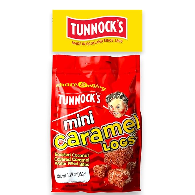 Tunnocks Mini Caramel wafer biscuits logs 5oz, covered with Roasted Coconut Wafer Bites, 150g
