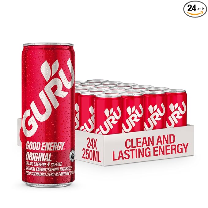 GURU Original Organic Energy Drinks, Clean Energy Drink with Plant Based Natural Caffeine from Green Tea, Gluten Free and Vegan, 100MG Caffeine, Healthy Drinks, 8.4oz (Pack of 24)
