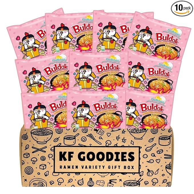 KF GOODIES Korean Ramen Variety Pack Gift Box (10 Count) – Spicy Buldak Noodle Assortment for Birthdays, College Care Packages, Office Snacks, and Gift Baskets