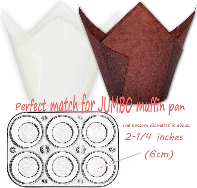 MyBakning (Jumbo Extra Large size) Brown+White Tulip Baking Cups 2-1/4"(Base diameter) x 3-3/4"(Wall height) Greaseproof paper baking cupcake Muffin liners, Case of 130 pcs