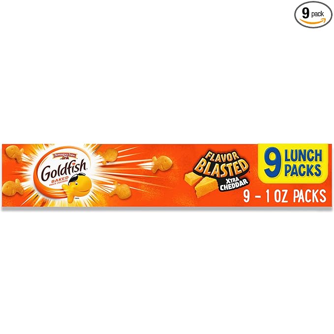Goldfish Flavor Blasted Xtra Cheddar Cheese Crackers, Baked Snack Crackers, 0.9 oz On-the-Go Snack Packs, 9 Count Tray