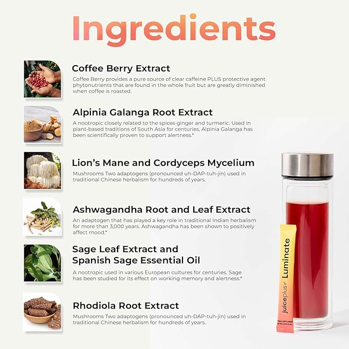 JuicePlus+ Luminate - Plant-Based Cognitive Support Drink with Ashwagandha, Lions Mane & Coffee Berry For Clarity & Vitality - 15 Sticks, 2.75 oz