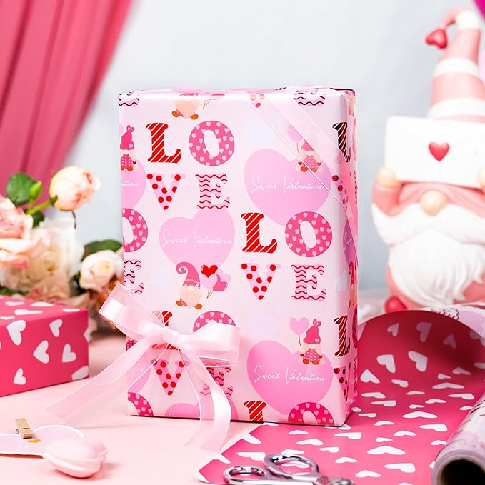 Homeral Pink Valentine's Day Wrapping Paper - Mini Roll - 17 Inch x 33 Feet - Goblin and LOVE Letters with Metallic Foil Shine & Heart Pattern Reversible Gift Wrap for Valentines Day Celebration