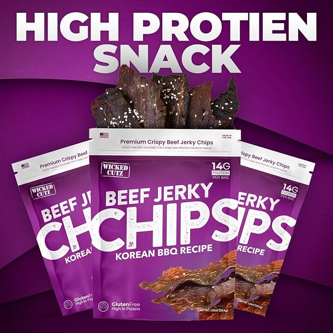 Wicked Cutz Korean BBQ Beef Jerky Chips, 14g Protein per Bag, Crispy & Crunchy Beef Jerky Crisps, USA Made Barbeque Flavored Chips, High Protein Carnivore Snacks (4 Bags)