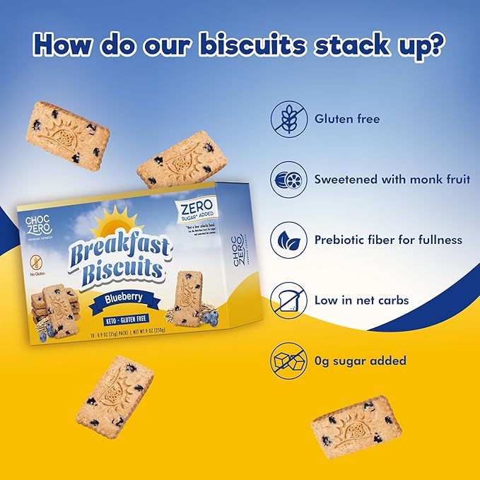 ChocZero Blueberry Breakfast Biscuits – No Added Sugar, Keto & Gluten Free High Fiber Snack Cookies, 30 Per Box (9 oz)
