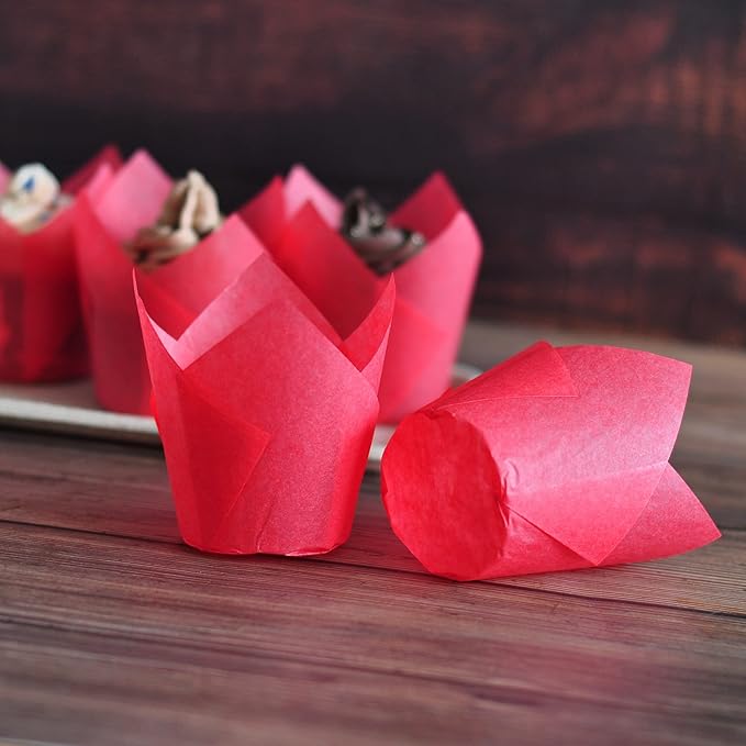 MyBakning Red colour Large size Tulip Baking Cups 2-1/4"(Base diameter) x 4"(Wall height) Greaseproof paper baking cupcake Muffin liners, Case of 130 pcs