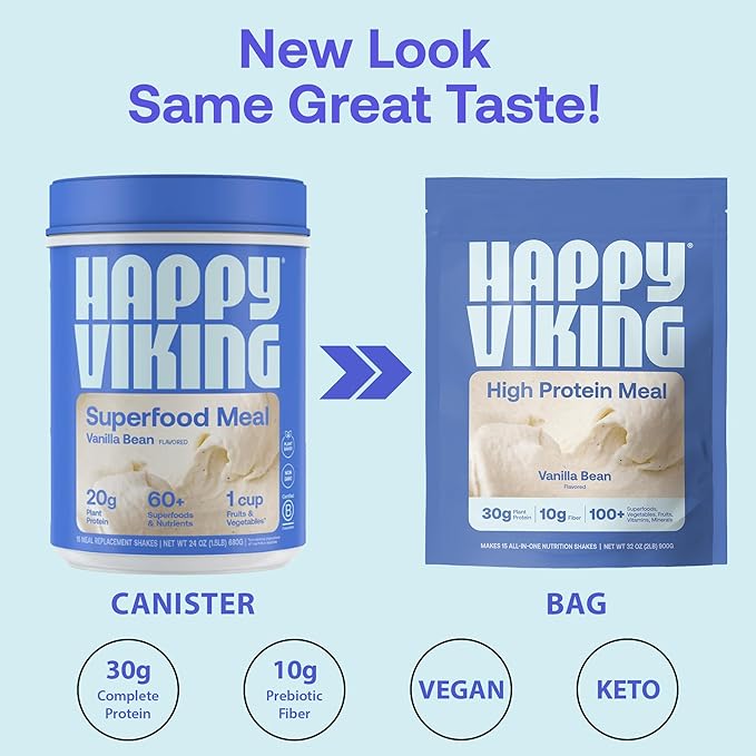Happy Viking Vanilla Protein + Superfoods Powder, Created by Venus Williams, 30G Protein, Low Carb, Keto, Vegan, Gluten-Free, Non-GMO, Complete Meal Replacement, 1 Bag