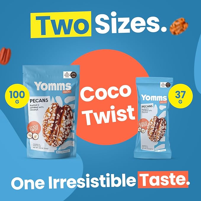 Yomms Coco Twist Glazed Whole Pecan Halves, 7.8 oz (6 Pack), Gluten-Free & Non-GMO Healthy Dessert Snacks – Low Sugar Coconut & Crunchy Candied Nut Pouches – Gourmet Roasted Snacking Pecans – 1.3oz Individual Bags