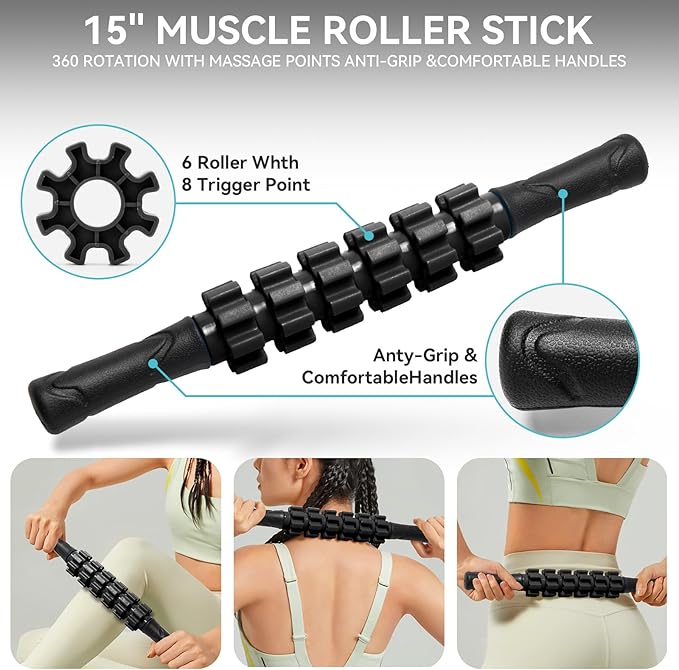 Krightlink 5 in1 Foam Roller Set for Deep Tissue Muscle Massage, High Density Fitness Exercise Foam Roller, Massage Roller, Massage Ball, Resistance Band, for Whole Body (Black)